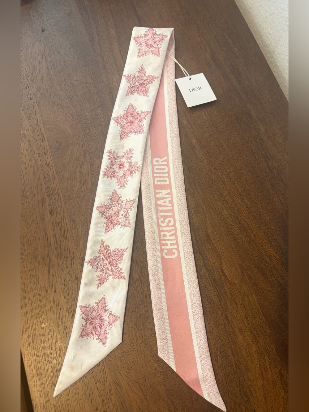 CHRISTIAN DIOR NWT Lucky Star Silk Mitzah Scarf Twilly Twill Pink White